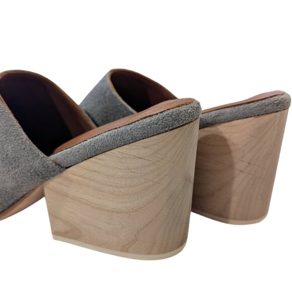 CERI HOOVER Miller Mule 7 Wood Heel Hand-Carved Gray Suede Leather Upper - Picture 7 of 13
